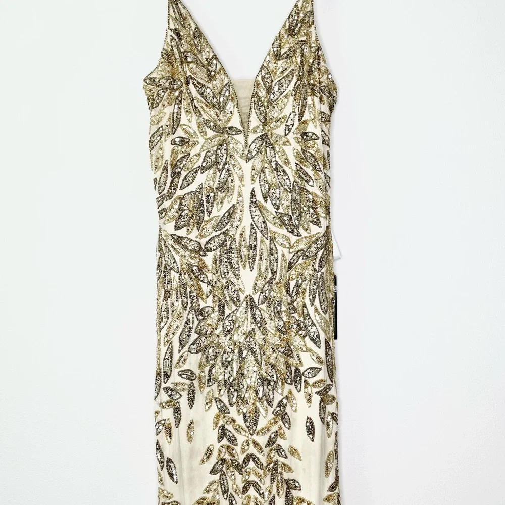 NWT Mac Duggal Embellished Leaf Evening Gown Nude Gold - Picture 4 of 7